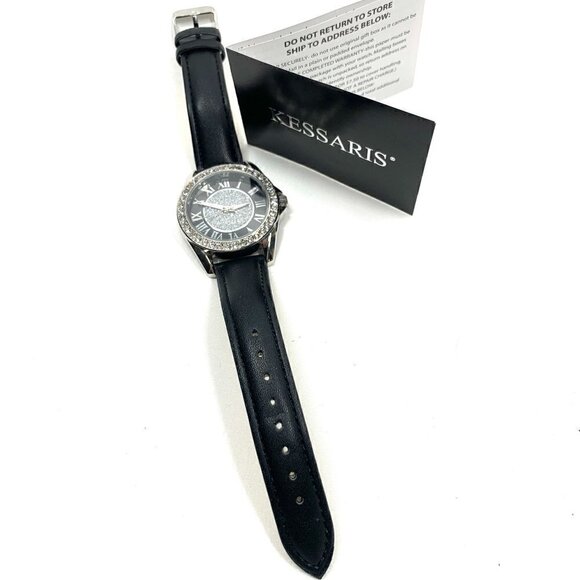Kessaris Crystal Studded Analog Watch Black/silver Stainless Steel Faux Leather - Picture 6 of 8
